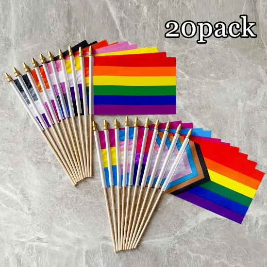 Progress Rainbow Gay Pride Flags Set on Wood Stick Small Mini Hand Held LGBTQ Inlcusive Flags,5x8 Inch,20 Pack {4}