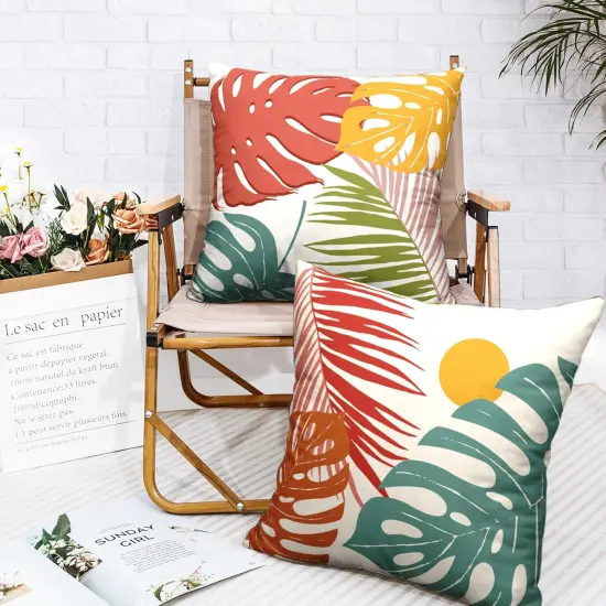 Set of 2 Summer Tropical Leaves Throw Pillow Covers Palm Banana Leaf Pillow Covers 18x18 Abstract Sun and Monstera Leaf Cushion Case for Sofa Patio Indoor Outdoor Decor {5}