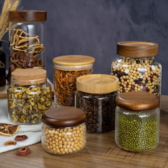 1PC Small Glass Storage Jars with Airtight Lids, 18 fl oz (550ml) Cute Clear Glass Storage container with bamboo Lid, Glass Pantry Canister for Beans, Rice, Sugar, Cookie Coffee and etc {4}