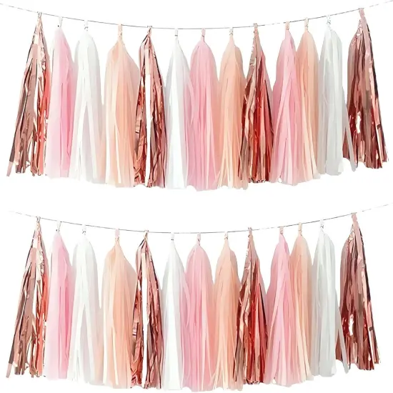 Shiny Tassel Garland Tissue Paper Tassel Banner,Table Decor,Tassels Party Decorations Supplies for Wedding,Birthday,Bridal/Baby Shower,DIY Kits,Pack of 20 - (Rose Gold/Light Pink/Peach Color/White) {1}
