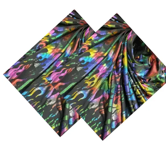 Multicolor Rainbow Flames Stretch Pleather on Black Foil Spandex {3}