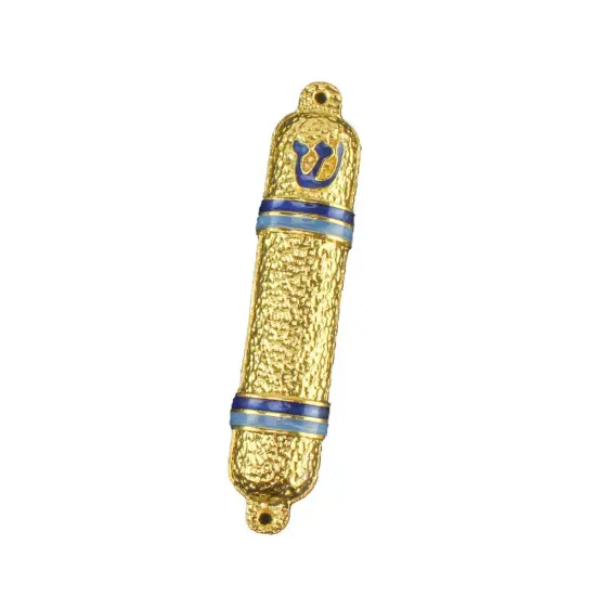 Metal Mezuzah Case Gold with Pink / Blue Lines {2}
