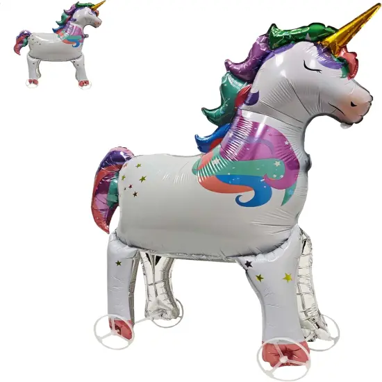 Self-Standing Unicorn Animal Foil Balloons - Walking With Wheels for Metallic Party - Rainbow Party Decorations Supplies {1}