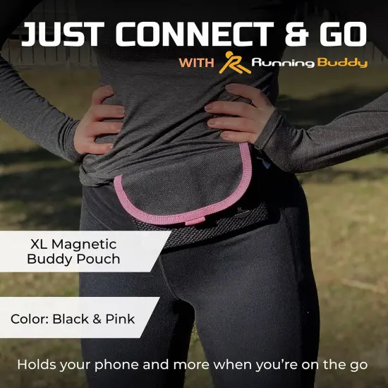 Running Buddy Magnetic Buddy Pouch, Beltess, Chafe and Bounce Free, Runners Fanny Pack, Phone Holder, Great for Running, Walking, Traveling & More, For Men & Women - 6-3/4&rdquo; L x 4&rdquo; W - Black and Pink {2}