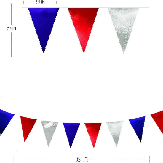 Red White Silver Party Decorations Metallic Fabric Triangle Pennant Banner Flag Bunting Garland for Graduations 4th of July American USA National Day Patriotic Veterans Birthday Outdoor Party Supplies {2}
