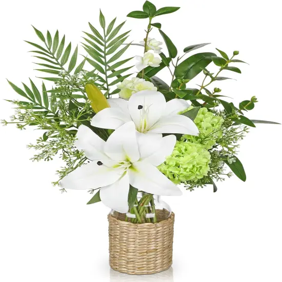 Fake Flowers with Vase, Easter Lily Flowers, White Silk Tiger Lily and Hydrangea Artificial Flowers in Vase, Faux Plants and Flowers Arrangement Bouquets for Table Centerpieces Home Decor {1}