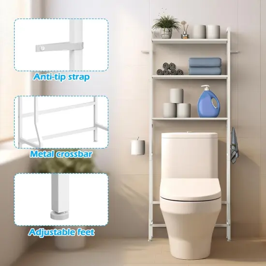 3-Tier Over-The-Toilet Storage Shelf with Adjustable Feet | Anti-Tip Bathroom Organizer | White Scandinavian-Style Space-Saving Shelf for Bathroom, Laundry Room {4}