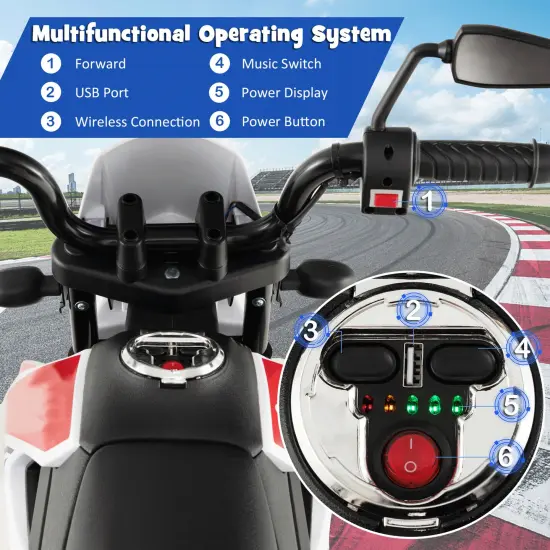 Metal 12V Kids Motorcycle with Dual Motors, Music and Training Wheels Red {6}