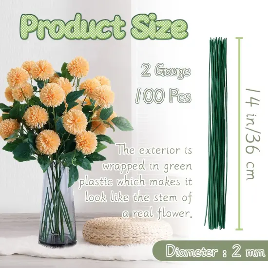 100 Pcs Floral Stems Wire for Paper Flower,14 Inch 2 Gauge Dark Green Floral Stem Wire,Crafting Floral Stem for Flower Arrangements DIY,Bouquet Stem Wrapping and Crafts {4}