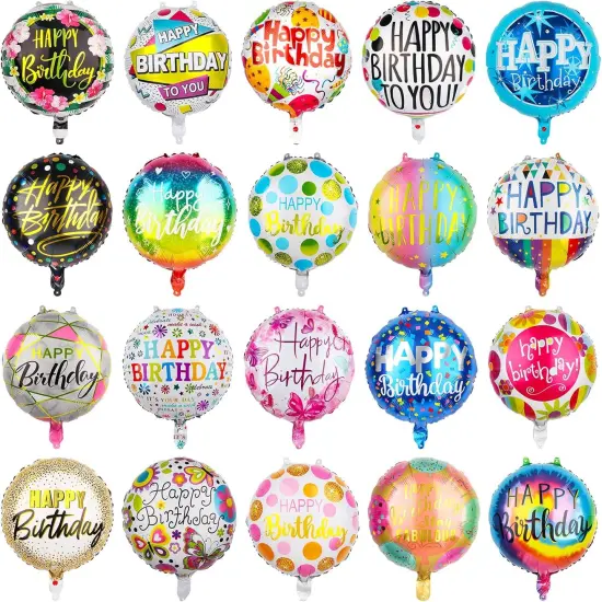100 Pcs Happy Birthday Aluminum Foil Balloons for Birthday Party Decoration Supplies, 18 Inches Round Helium Floating Mylar Balloon (20 Patterns) {1}