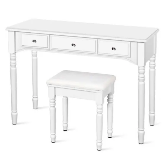 Makeup Dressing Table with Tri-Folding Mirror and Cushioned Stool Perfect for Women White {2}