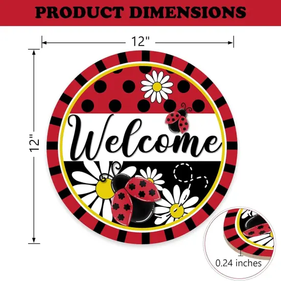 Summer Ladybug Front Door Sign, Daisy Flower Red Black Wood Door Hanger Outdoor Outside Porch Decor, Polka Dot Stripes Seasonal Wooden Wreath Indoor Wall Hanging Decoration {2}