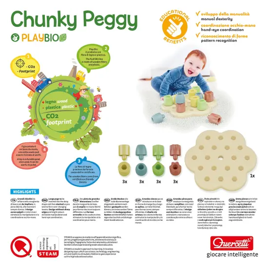 Quercetti: PlayBio - Chunky Peggy - 13pc Peg Blocks Sorting & Stacking Toy, Color Tower Building, Free Play, Eco-Friendly Bioplastic, Baby-Toddler 1+ {7}