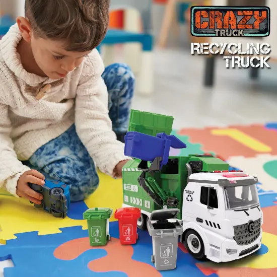 Crazy Truck: Recycling Truck - Lights & Sounds City Vehicle Toy Set, Pull Back Action, Trash Cans, Info Flash Cards, Realistic Mechanical Arm, Kids 3+ {7}