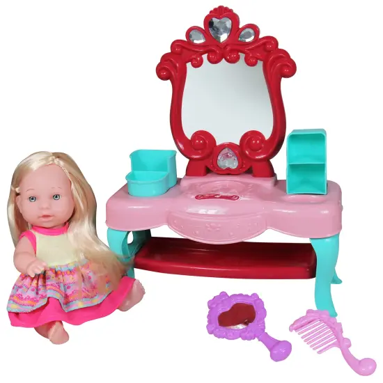 Lissi: Make Up Table Set - 8" Toddler Doll, Brush & Mirror - Blonde Hair - Pink-Red-Blue - Styling Toy Playset, Hair Care Accessories, Kids-Toddler 2+ {1}