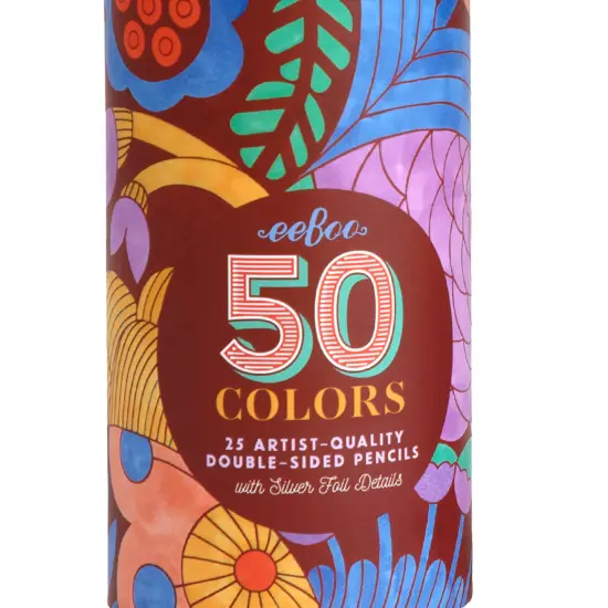 eeBoo Piece & Love: Double-Sided Colored Pencils - Cecilia's - 25pc - 50 Color Set, Silver Foil Design, Floral Storage Tube, Artist-Quality, Adults {7}