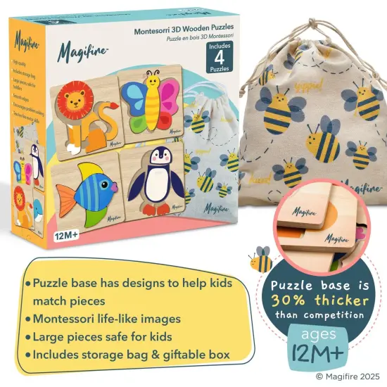 Magifire Wooden Puzzles, Set of 4 Montessori Style Toys for 1 Year Old, Toys for Toddlers 1-3, Baby Wood Toys with Chunky Pieces with Bag - Butterfly, Lion, Fish, Penguin, 6x6 inches {2}