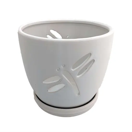 Dragonfly Matte White Ceramic Orchid Pot and Saucer + Felt Feet-5 1/2" x 5 1/4" {1}