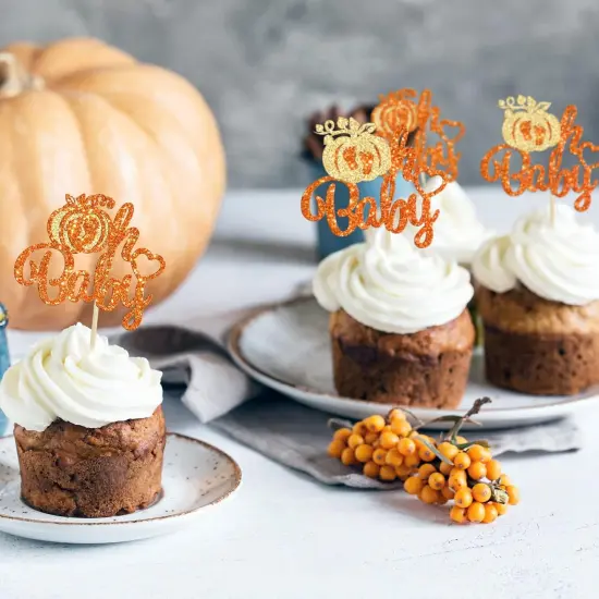 24Pcs Pumpkin Oh Baby Cupcake Toppers Glitter Pumpkin Themed {4}
