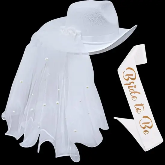4E's Novelty Bride Cowgirl Hat with Veil & Sash - Women White Cowboy Hat Bachelorette Party, Bridal Shower Dress Up {1}
