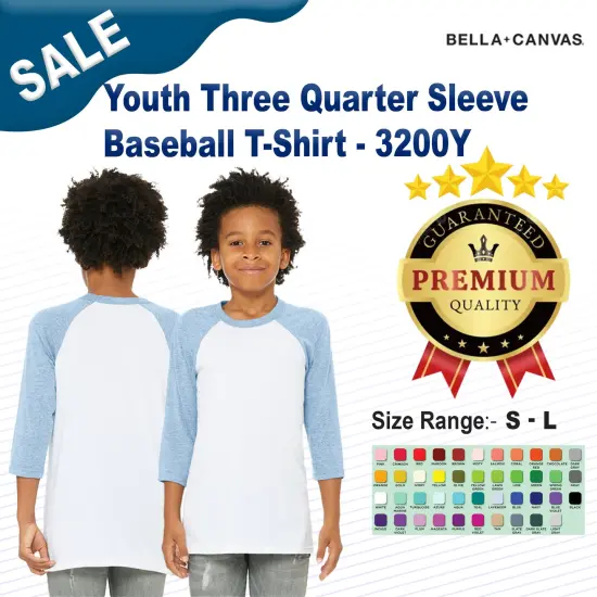 Bella + Canvas&reg; Youth Three-Quarter Sleeve Baseball T-Shirt - 3200Y WHITE/ DENIM {2}