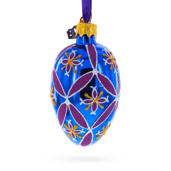 Cobalt Blue with Pink and Yellow Floral Pattern Mini Glass Egg Ornament 2.9 Inches {4}