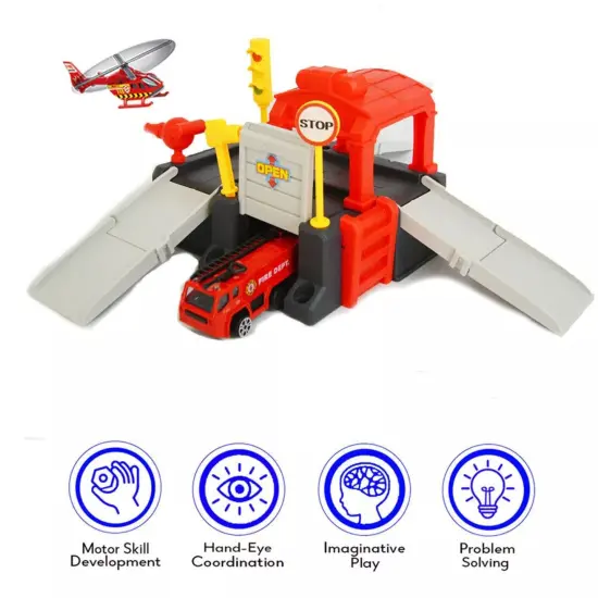Kitcheniva Kids Fire Station Toy Set With Garage Ramp Truck Helicopter {2}