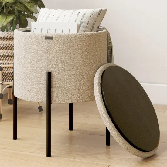 StorageBud Round Ottoman with Storage Beige {1}