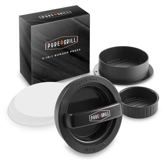 Pure Grill 3-in-1 Burger Press - Patty Maker with 100 Wax Papers for BBQ Grilling Stuffed Hamburgers, Beef Patties, and Sliders {1}