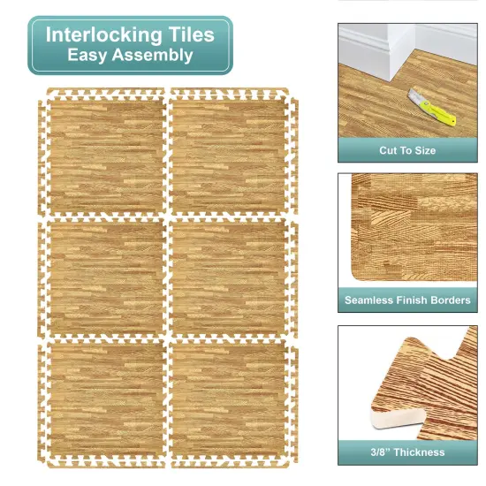 Sorbus 96 Sq. Ft. Wood Grain Floor Tiles, 24 Interlocking EVA Foam Mats, Thick Floor Mats w/ Borders for Home Gym, Playroom, and More Light {6}