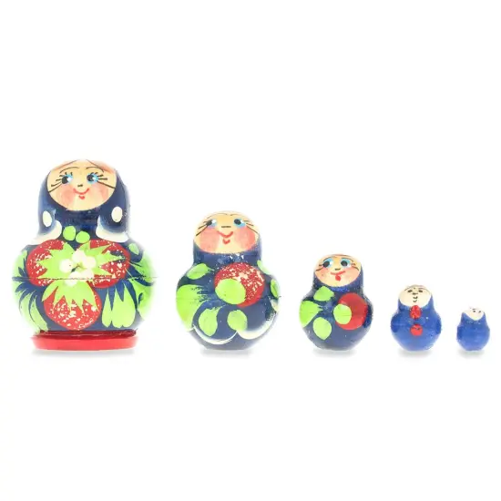 5 Miniature Strawberry Blue Dress Nesting Dolls 1.75 Inches {1}