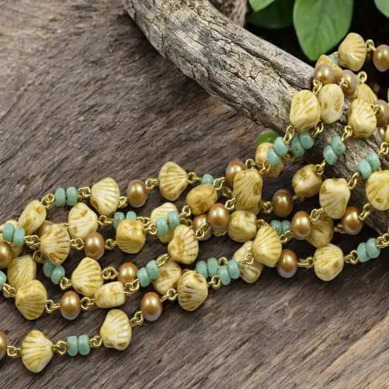 Alabaster Travertine Sea Shell Beaded Chain - Sold by the foot {5}