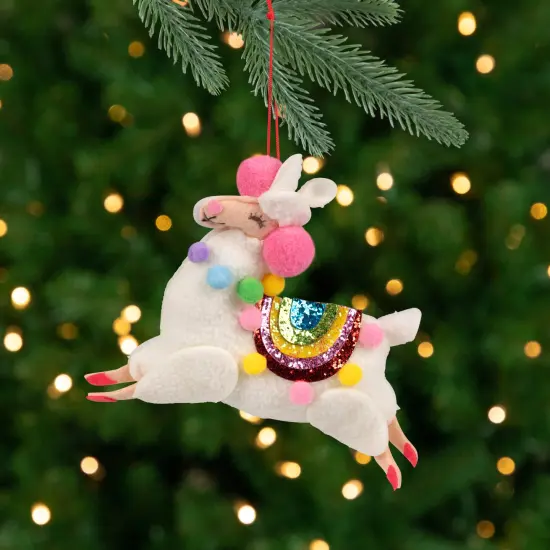 Northlight Plush Llama with Rainbow Saddle Christmas Ornament - 7.5" White {1}