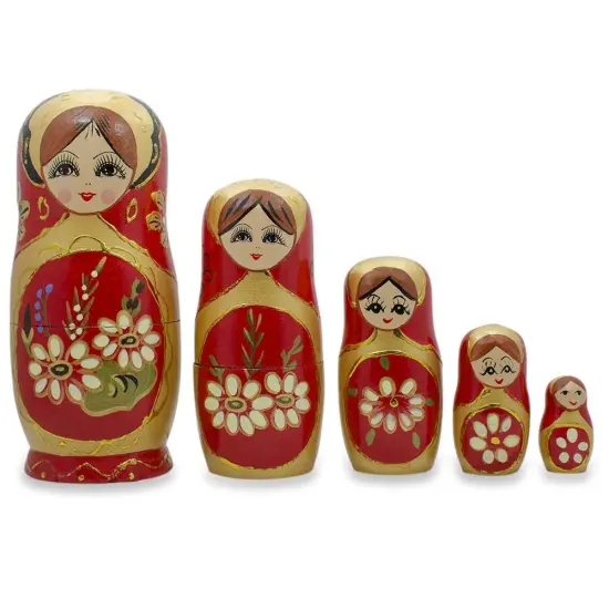 Set of 5 White Flowers on Red Nesting Dolls 6.5 Inches {1}