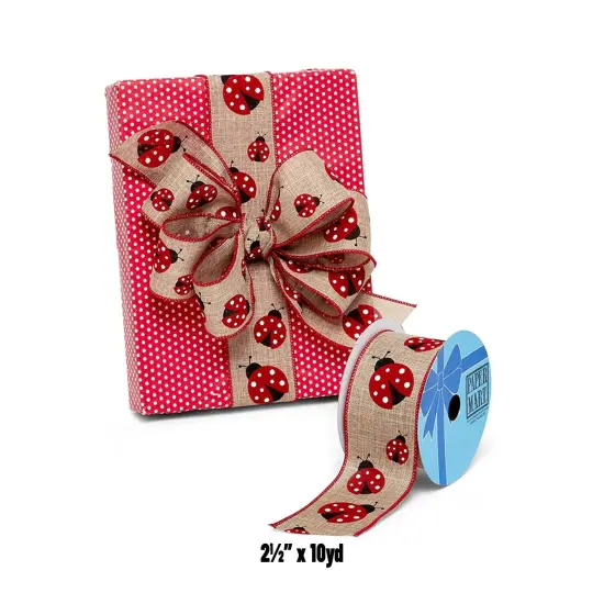 Charming Ladybugs on Natural Wired Ribbon 2.5" x 10 yd White Dots {2}