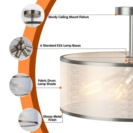 6-Light Semi Flush Mount Ceiling Light Pendant Lamp with Fabric Drum-shaped Shade {6}