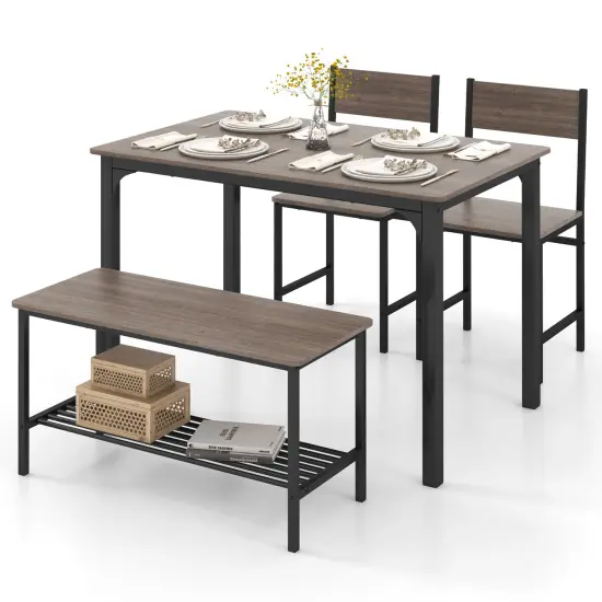 4 Pieces Rustic Dining Table Set with 2 Chairs and Bench Grey {7}