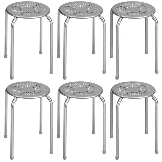 Set of 6 Stackable Multifunctional Daisy Design Backless Round Metal Stool Set Grey {7}