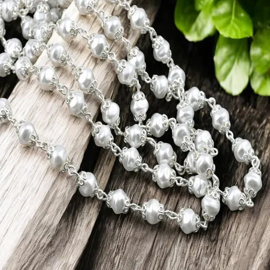 6mm Czech Glass White Baroque Pearl Chain w/ Bright Silver Caps -- Sold by the foot {1}