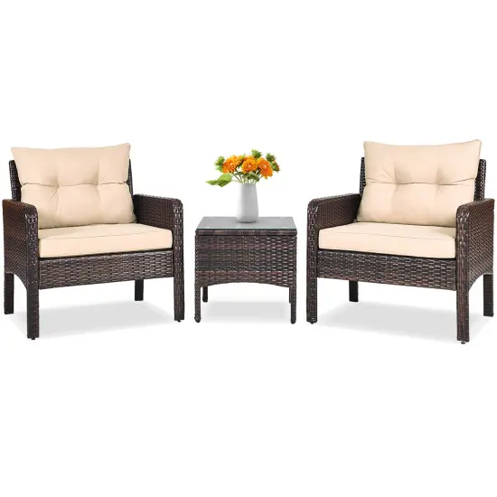 3 Pieces Outdoor Patio Rattan Conversation Set with Seat Cushions Navy {11}