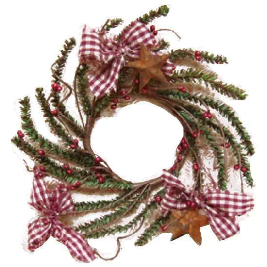 Homespun Pine Ring with Burgundy Pip Berries Checked Ribbon and Rusty Stars for Candle Holders {1}