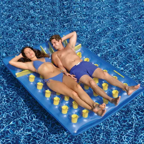 Swim Central Inflatable Water Sports 36 Pocket Double Pool Mattress - 78" - Blue and Yellow {3}