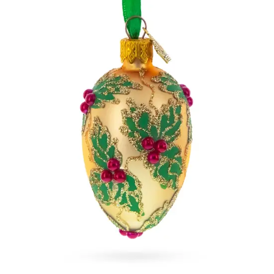 Golden with Holly Leaf and Red Berry Accents Mini Glass Egg Ornament 2.9 Inches {3}