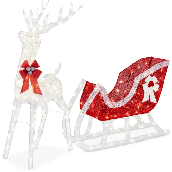 Best Choice Products Lighted Christmas 4ft Reindeer & Sleigh Outdoor Decor Set w/ 205 LED Lights, Stakes White - Large {1}