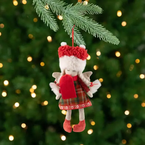 Northlight Plaid Angel Girl with Braided Pigtails Christmas Ornament - 8.5" - Red and Cream {1}