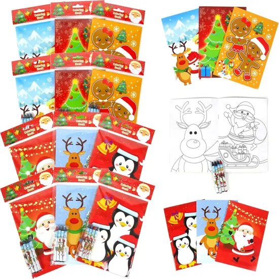 TINYMILLS Christmas Holidays Coloring Book Crayon Set for Kids Party Favors with 12 Coloring Books and 48 Crayons for Christmas Goody Bag Stuffers For Kids Holiday Party Gift Rewards Carnival Prizes {1}