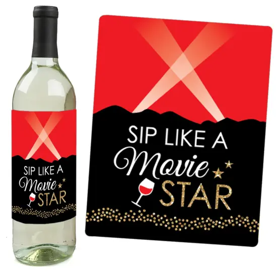 Big Dot of Happiness Red Carpet - Movie Night Party Decorations for Women and Men - Wine Bottle Label Stickers - Set of 4 {3}
