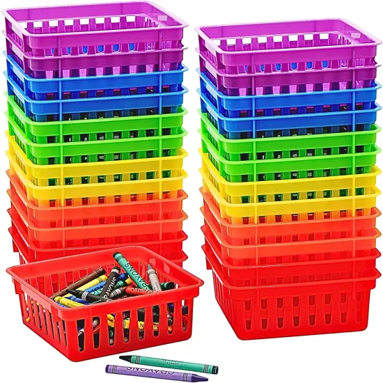 24 Pack Small Classroom Storage Baskets, Pack Bulk, Square 4.5" Sturdy Plastic Colorful Crayon & Pencil Container, Organizer Bins for Desk for Classrooms Supplies, Office, Toy Storage {1}