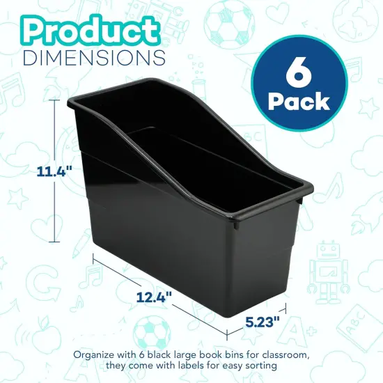 4E's Novelty 6 Pack Large Book Bin with Labels, Durable Black Book Bins for Classroom, Large Plastic Bins for Books, Sturdy Containers for Books, Versatile Classroom Textbook Boxes for Various Use {2}