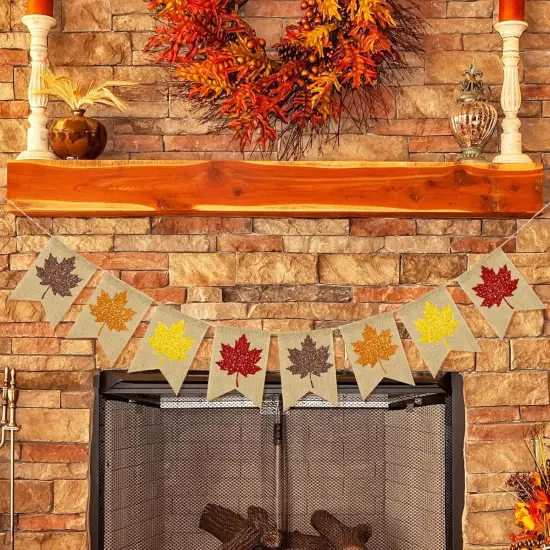 Fall Burlap Banner Glitter Maple Leaf {3}